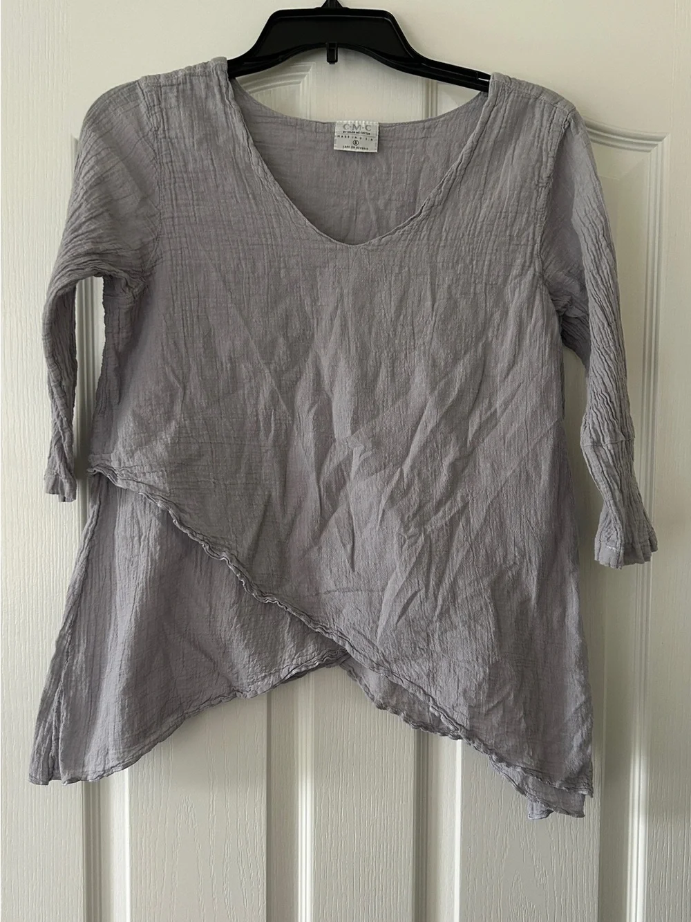 Color Me Cotton Light Gray Crinkled Asymmetric Crop Top - Tunic Women's